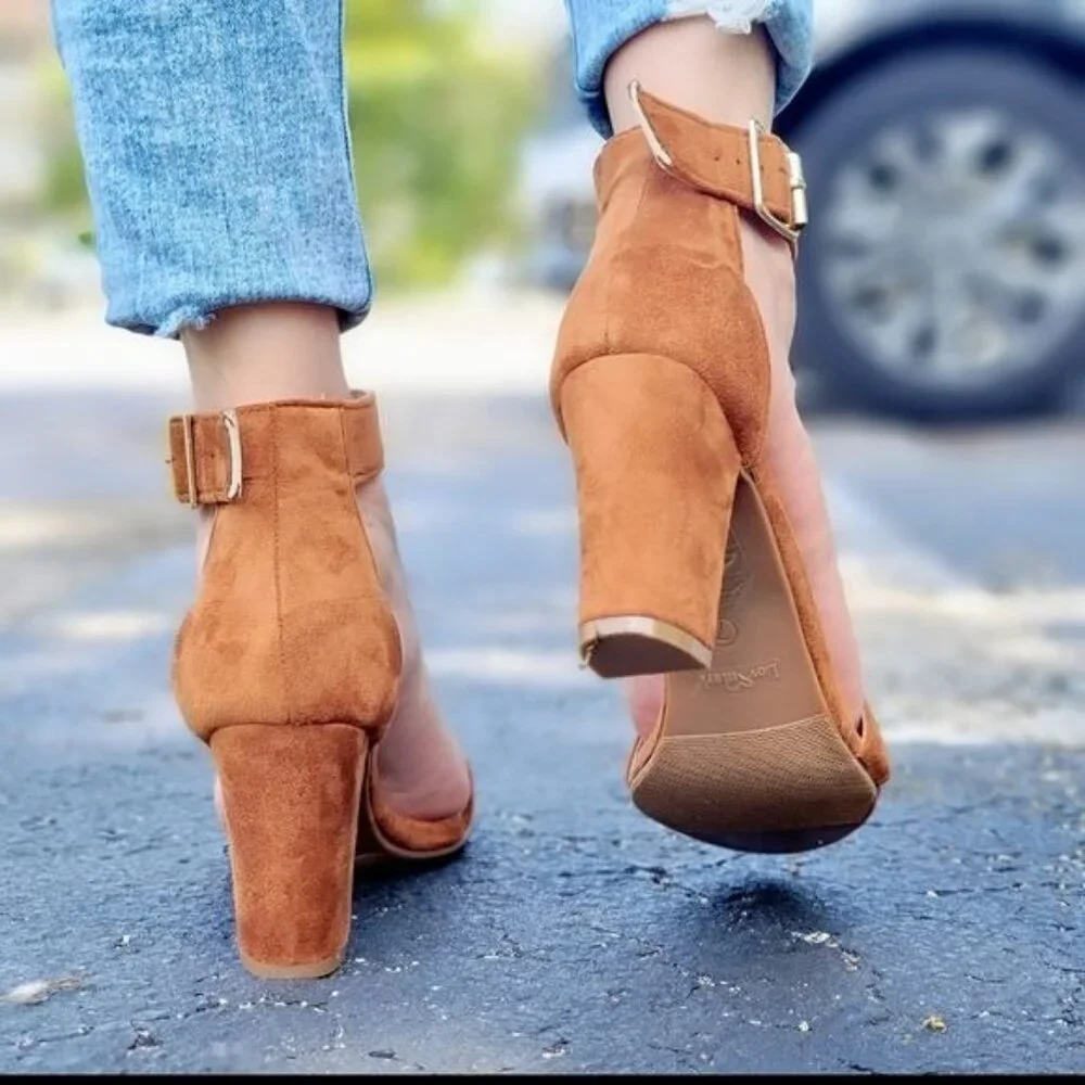Stylish Women’s Tan Suede Block Heel Sandals – Dress Shoes - Picture 5 of 5